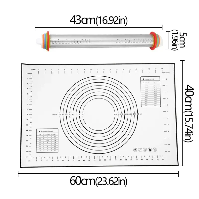 Rouleau à pâtisserie rétractable avec anneaux de mesure et tapis de pétrissage en silicone non adhésif