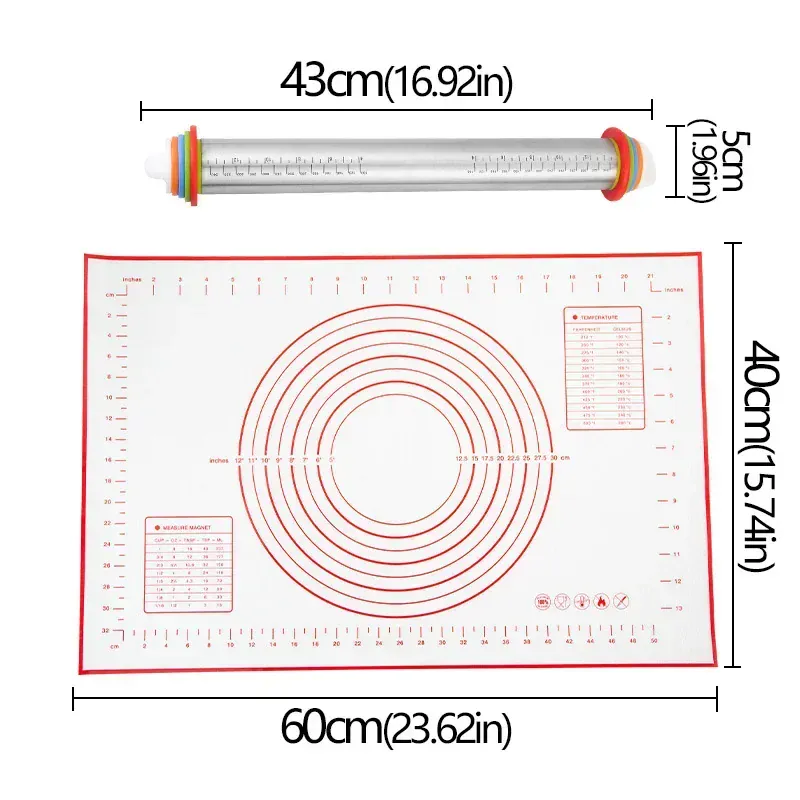 Rouleau à pâtisserie rétractable avec anneaux de mesure et tapis de pétrissage en silicone non adhésif