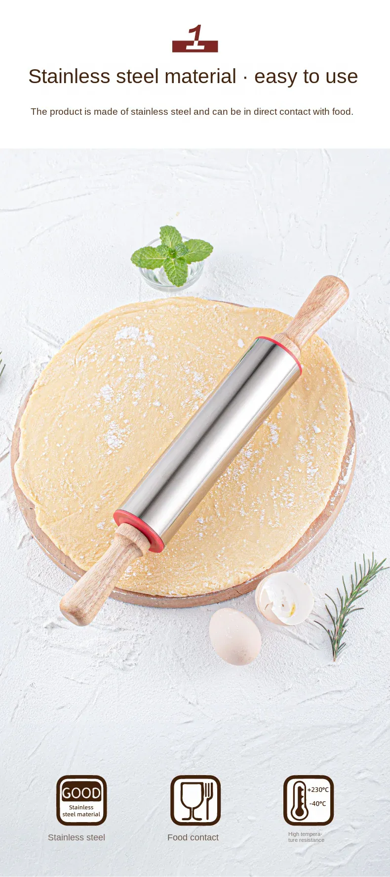 Rouleau à pâtisserie en acier inoxydable pour biscuits et tartes