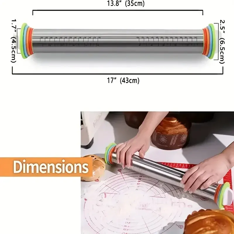 Rouleau à pâtisserie en acier inoxydable ajustable avec marqueurs de mesure