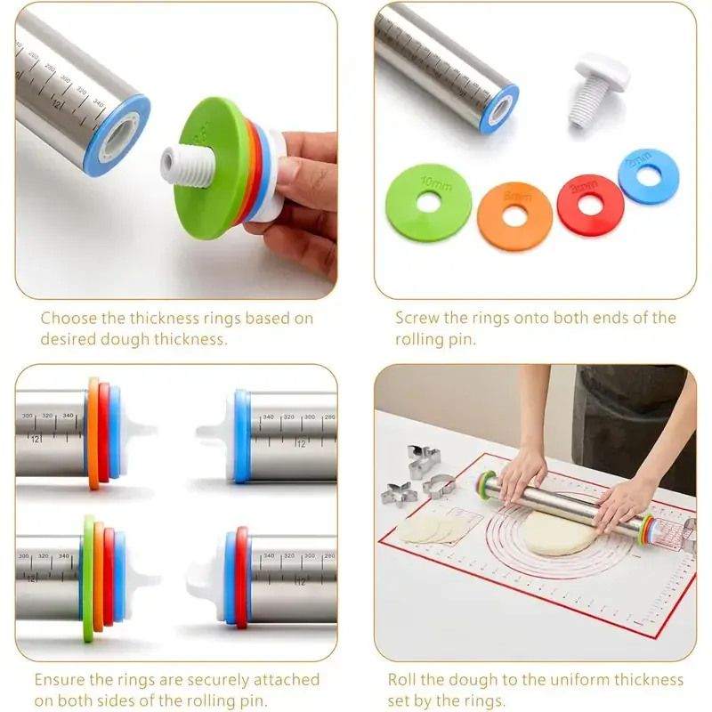 Rouleau à pâtisserie en acier inoxydable ajustable avec marqueurs de mesure