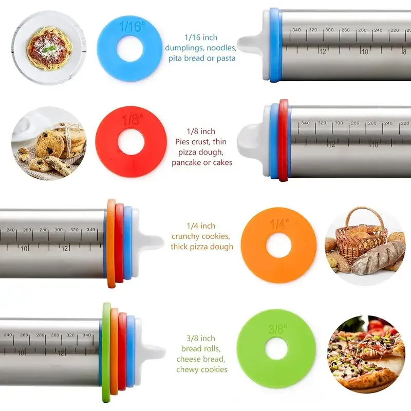 Rouleau à pâtisserie en acier inoxydable ajustable avec marqueurs de mesure