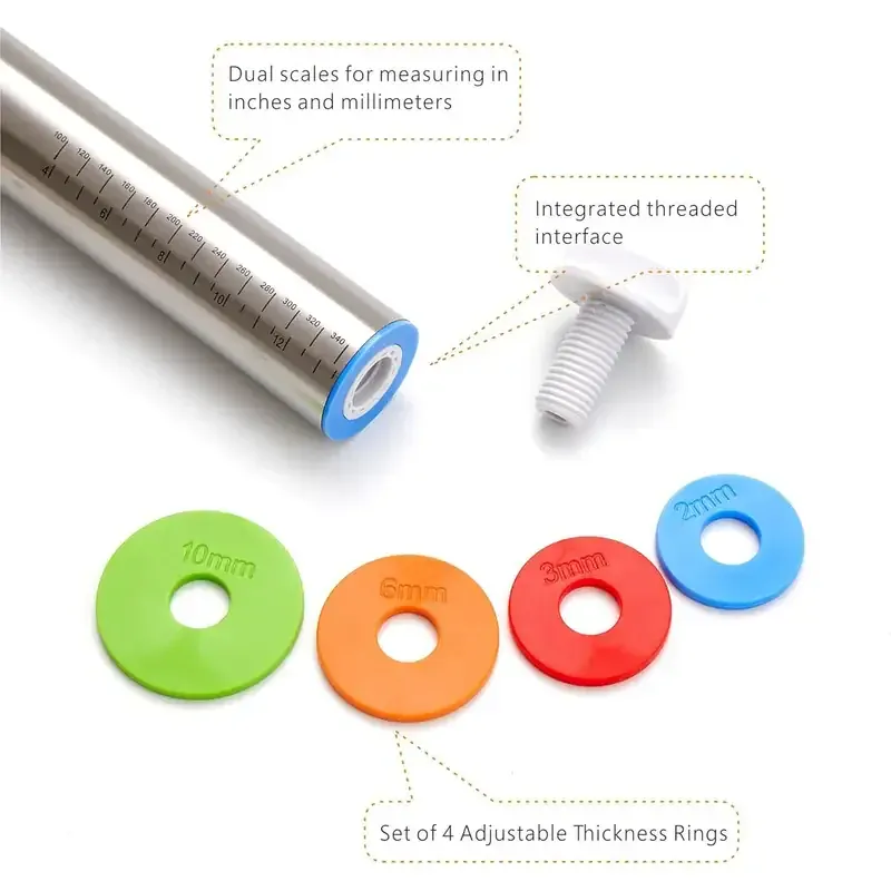 Rouleau à pâtisserie en acier inoxydable ajustable avec marqueurs de mesure