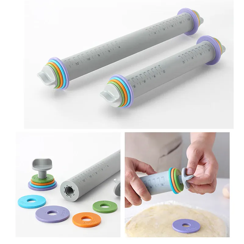 Rouleau à pâtisserie en silicone ajustable avec anneaux d'épaisseur interchangeables