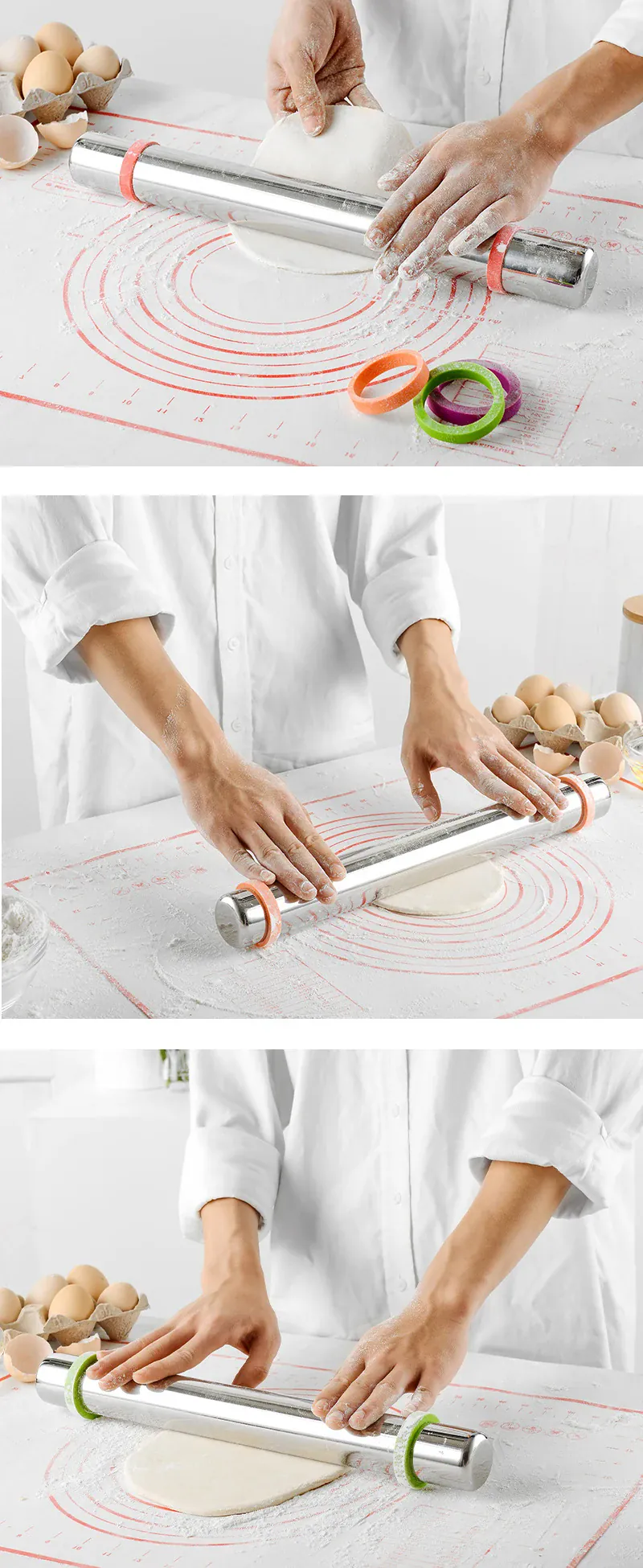 Rouleau à pâtisserie en acier inoxydable avec épaisseurs réglables et tapis en silicone