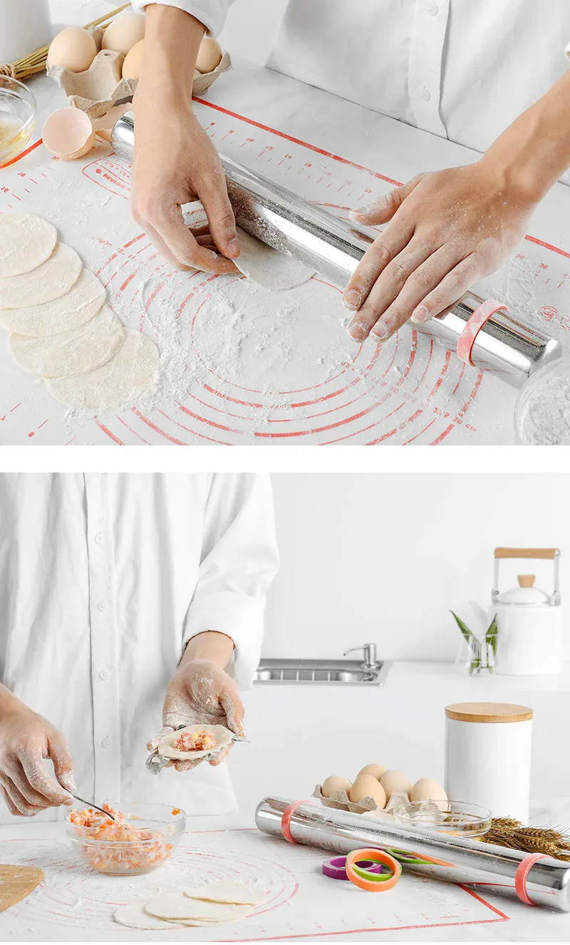 Rouleau à pâtisserie en acier inoxydable avec épaisseurs réglables et tapis en silicone