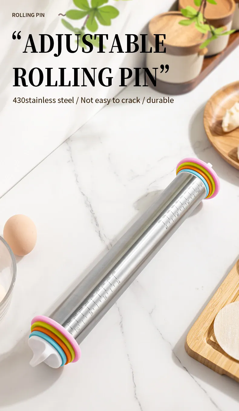 Rouleau à pâtisserie en acier inoxydable ajustable avec anneaux d'épaisseur amovibles