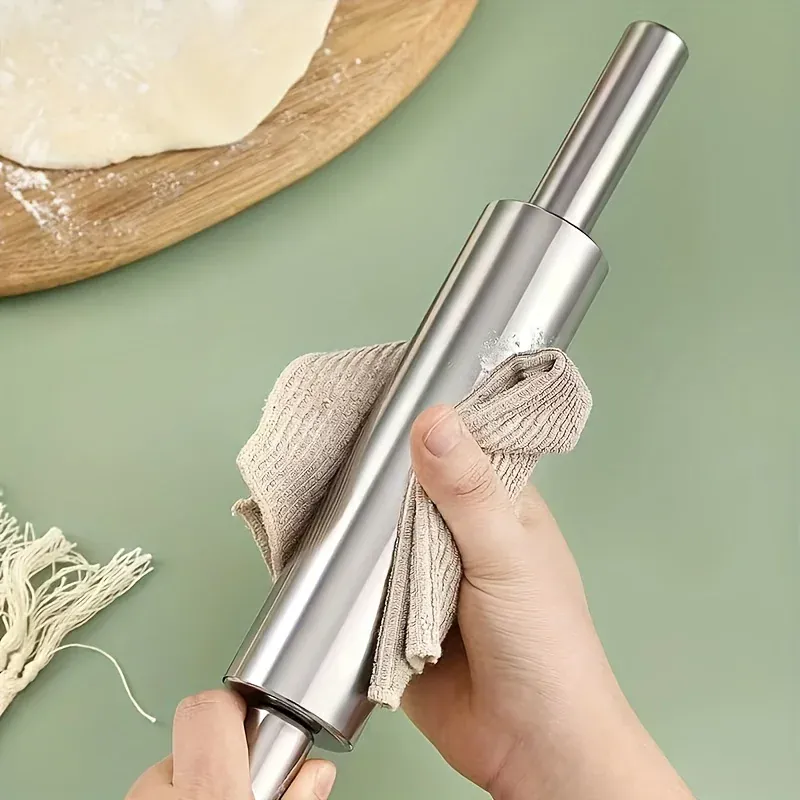 Rouleau à pâtisserie en acier inoxydable épais avec poignées antidérapantes