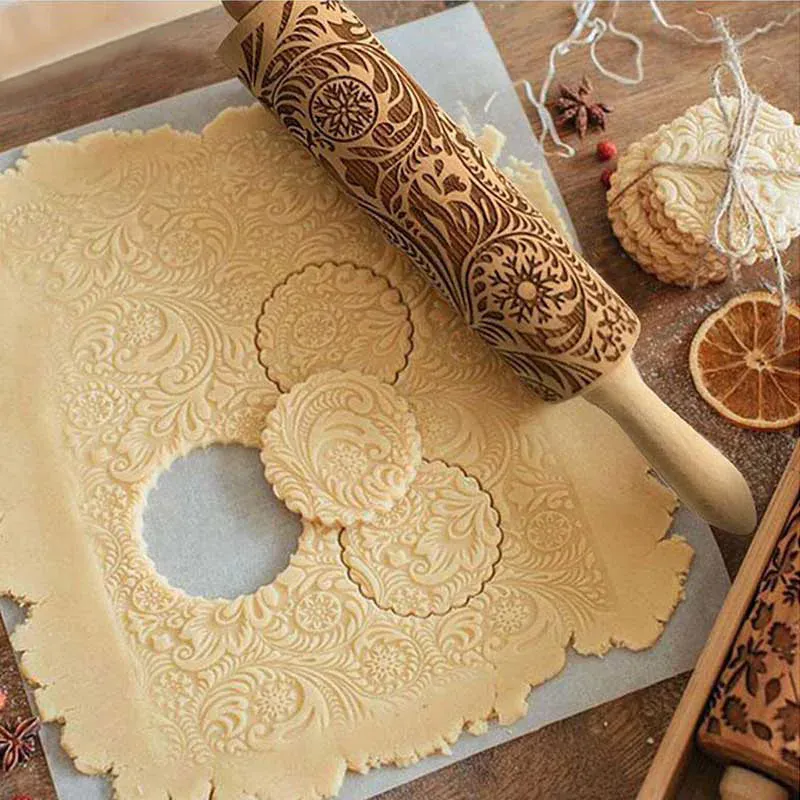 rouleau à pâtisserie en bois gravé pour biscuits et gâteaux - Accessoires de cuisine