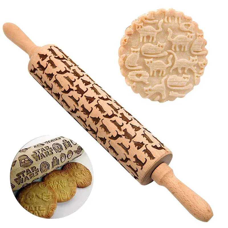 rouleau à pâtisserie en bois gravé pour biscuits et gâteaux - Accessoires de cuisine