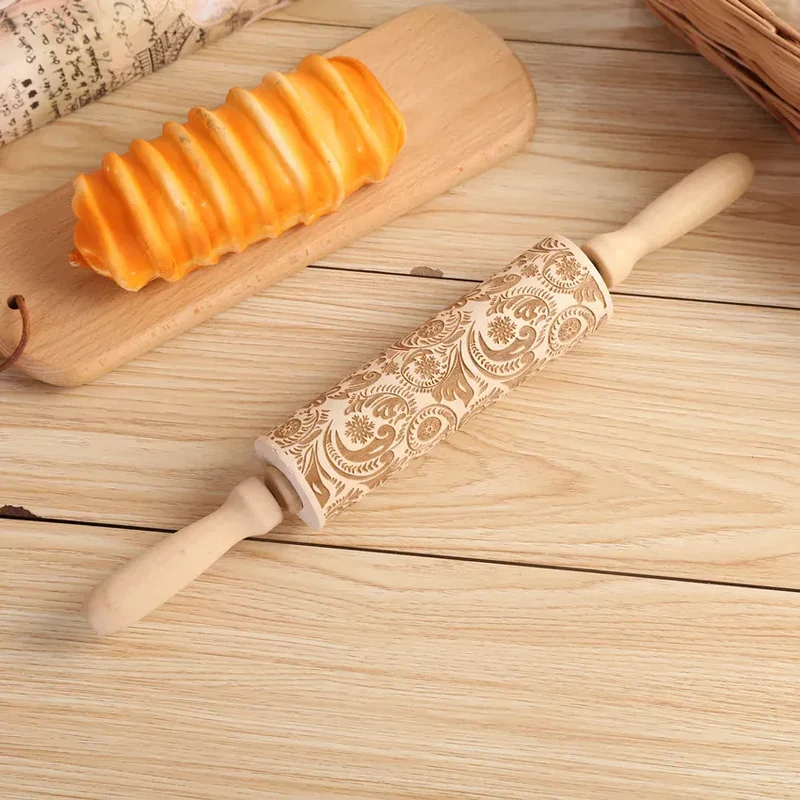 rouleau à pâtisserie en bois gravé pour biscuits et gâteaux - Accessoires de cuisine