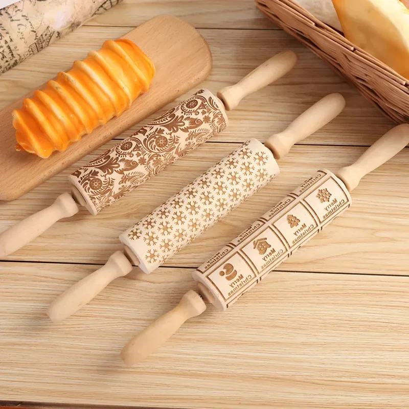 rouleau à pâtisserie en bois gravé pour biscuits et gâteaux - Accessoires de cuisine