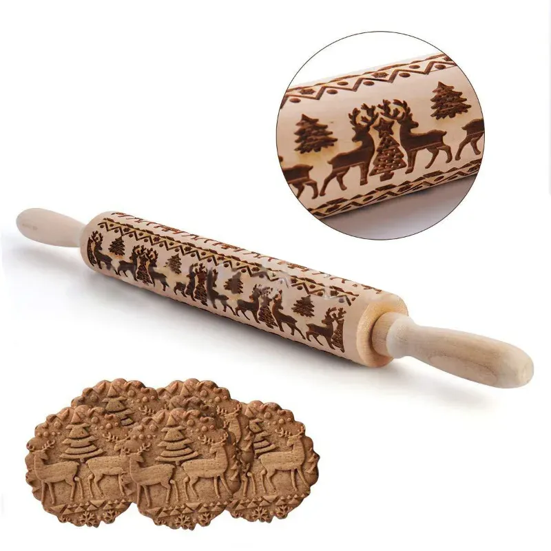 Rouleau à pâtisserie en bois rétro avec motifs gravés - Style européen