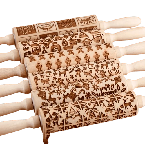 Rouleau à pâtisserie en bois avec motifs gravés de Noël - Outil de décoration pour biscuits