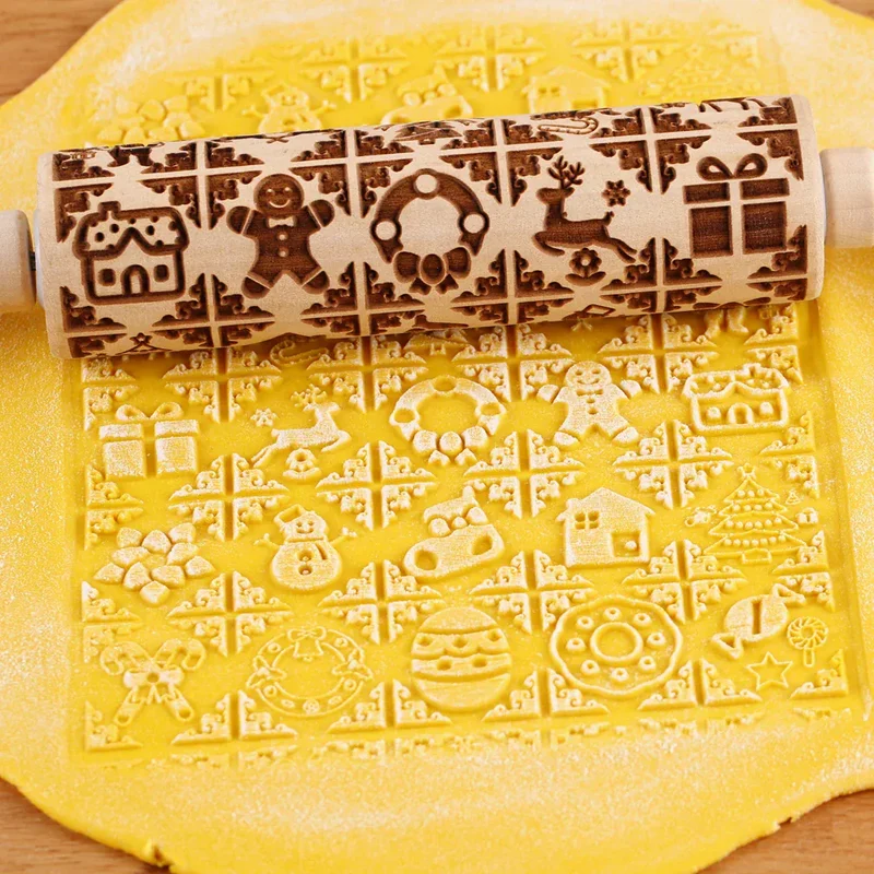 Rouleau à pâtisserie en bois avec motifs gravés de Noël - Outil de décoration pour biscuits