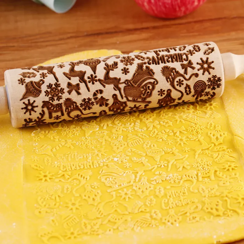 Rouleau à pâtisserie en bois avec motifs gravés de Noël - Outil de décoration pour biscuits