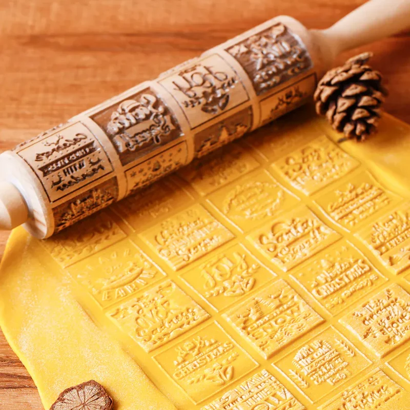 Rouleau à pâtisserie en bois avec motifs gravés de Noël - Outil de décoration pour biscuits