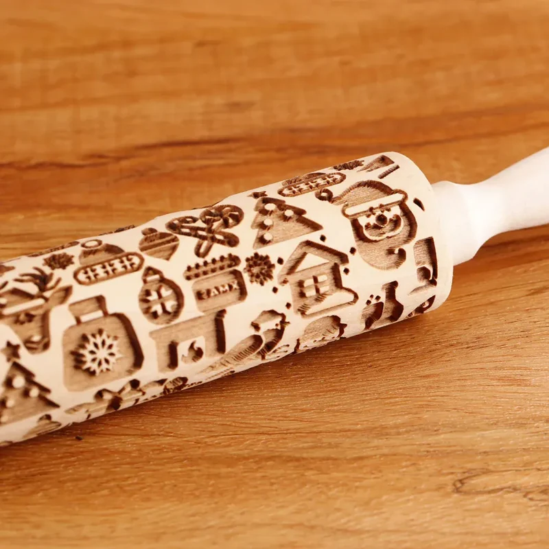 Rouleau à pâtisserie en bois avec motifs gravés de Noël - Outil de décoration pour biscuits