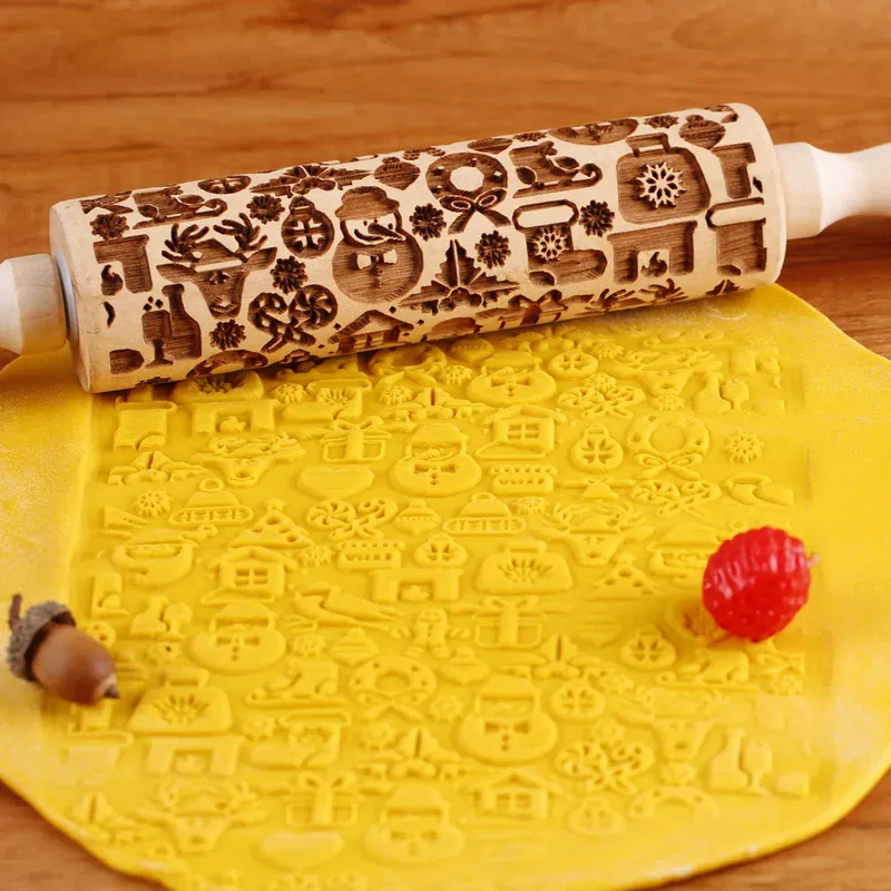 Rouleau à pâtisserie en bois avec motifs gravés de Noël - Outil de décoration pour biscuits