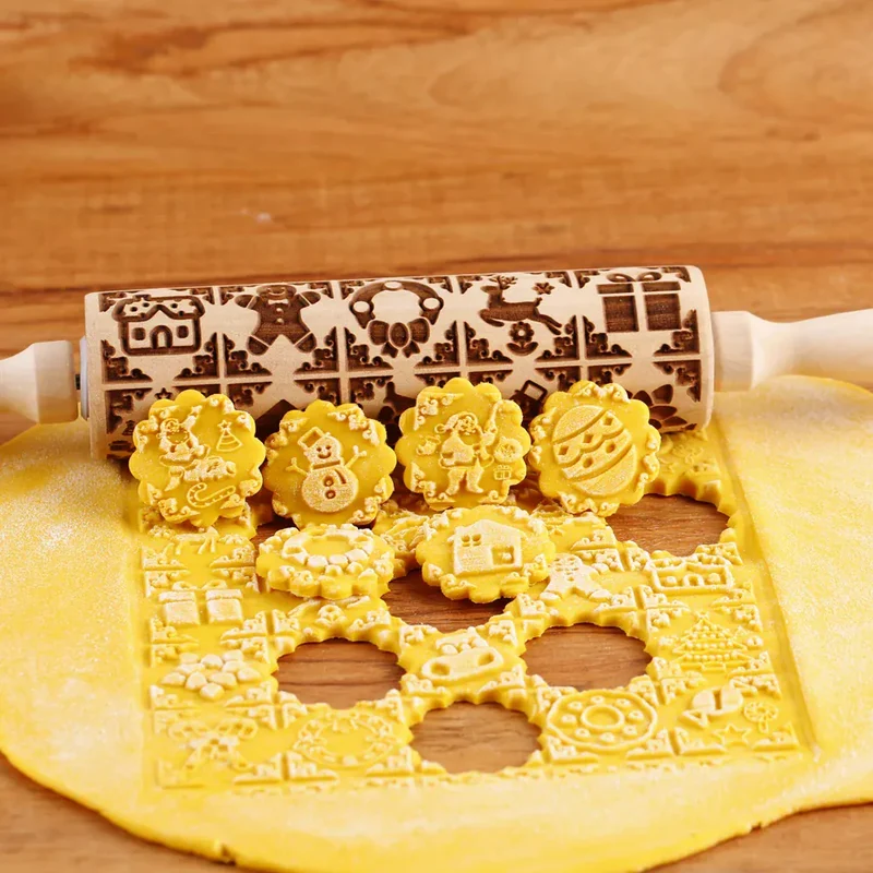 Rouleau à pâtisserie en bois avec motifs gravés de Noël - Outil de décoration pour biscuits