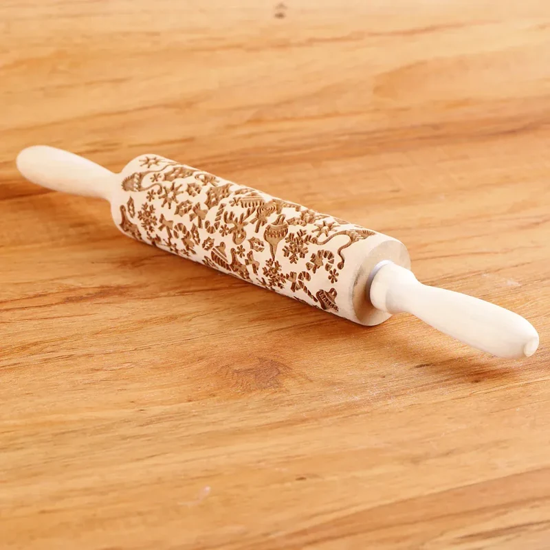 Rouleau à pâtisserie en bois avec motifs gravés de Noël - Outil de décoration pour biscuits