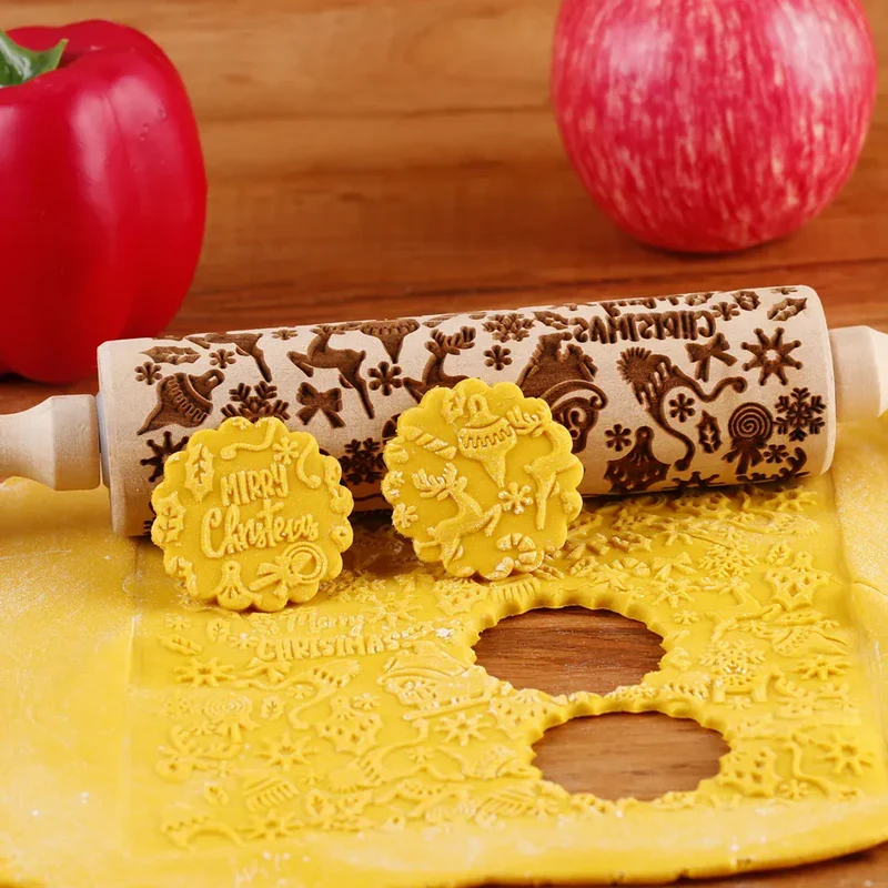 Rouleau à pâtisserie en bois avec motifs gravés de Noël - Outil de décoration pour biscuits