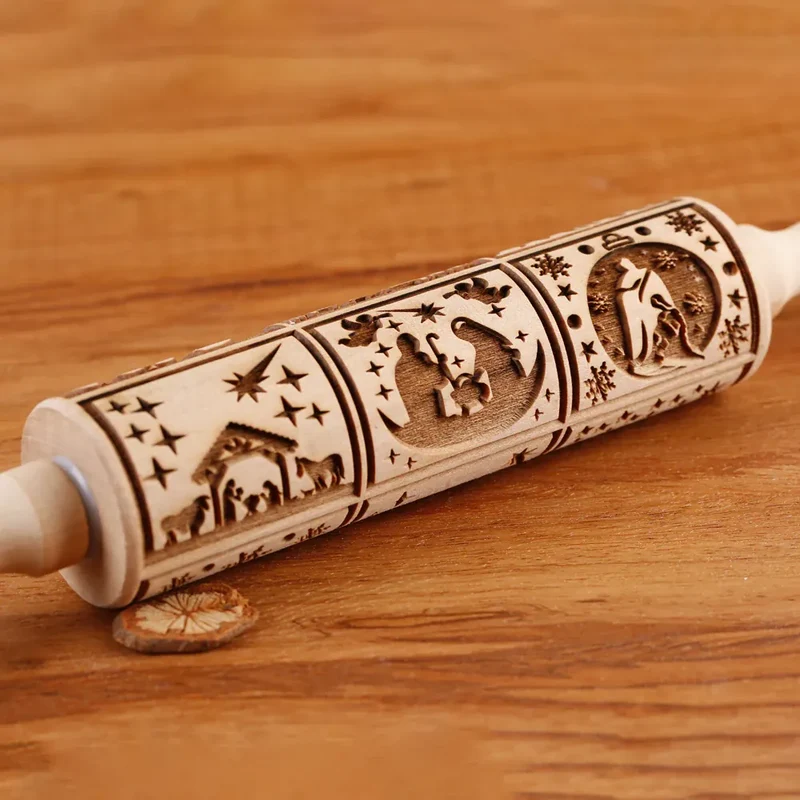 Rouleau à pâtisserie en bois avec motifs gravés de Noël - Outil de décoration pour biscuits