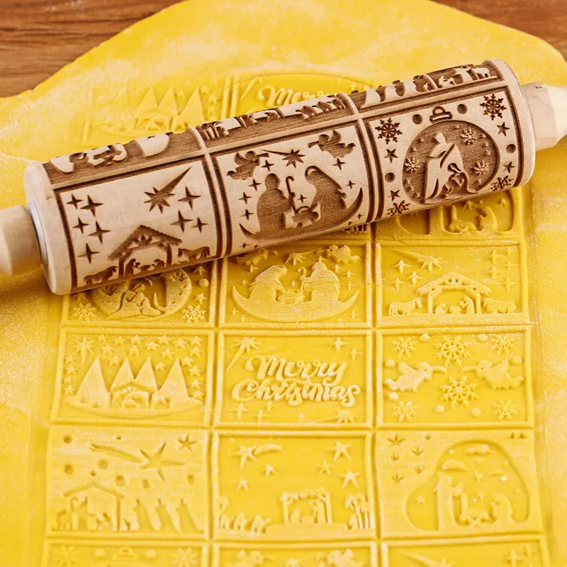 Rouleau à pâtisserie en bois avec motifs gravés de Noël - Outil de décoration pour biscuits