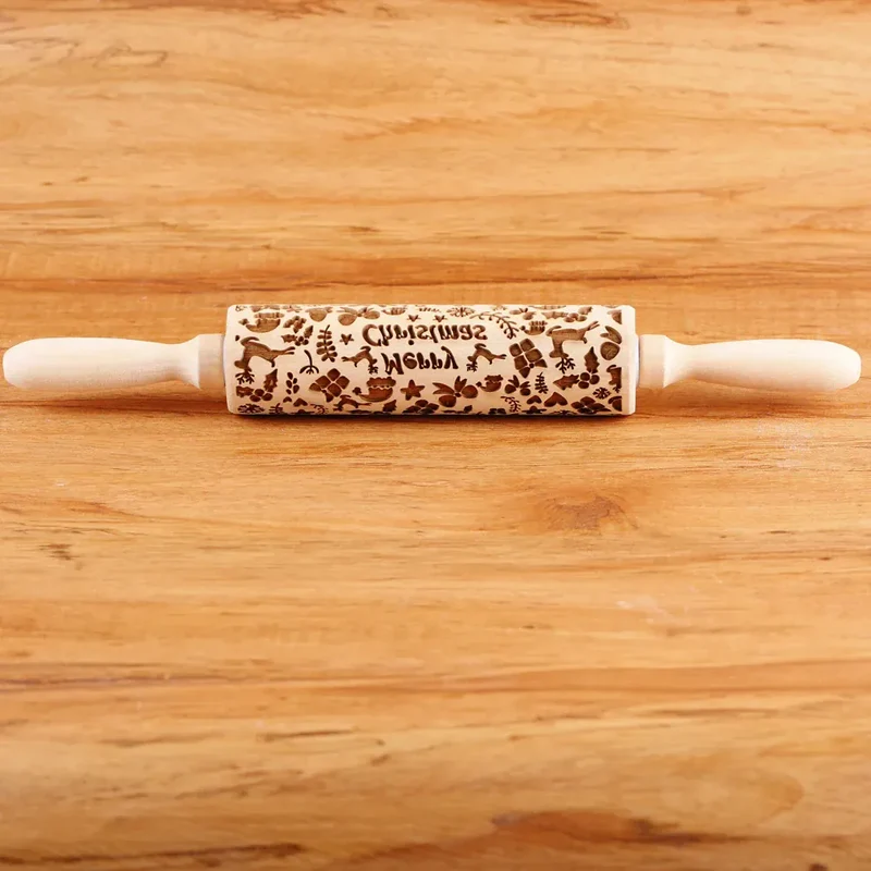 Rouleau à pâtisserie en bois avec motifs gravés de Noël - Outil de décoration pour biscuits