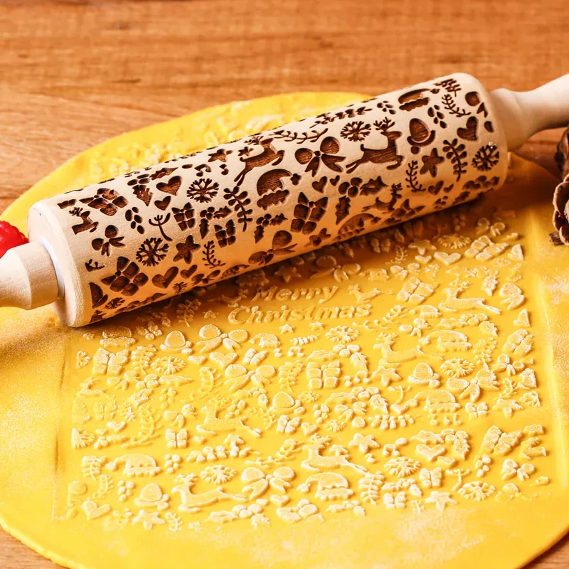 Rouleau à pâtisserie en bois avec motifs gravés de Noël - Outil de décoration pour biscuits