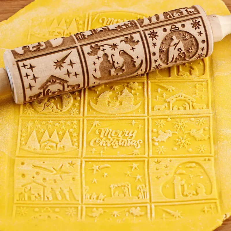 Rouleau à pâtisserie en bois avec motifs gravés de Noël - Outil de décoration pour biscuits