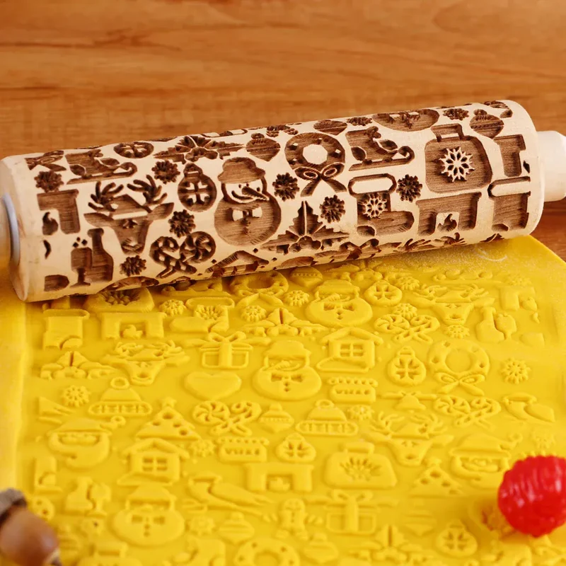 Rouleau à pâtisserie en bois avec motifs gravés de Noël - Outil de décoration pour biscuits