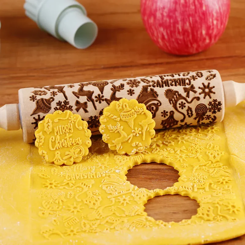 Rouleau à pâtisserie en bois avec motifs gravés de Noël - Outil de décoration pour biscuits