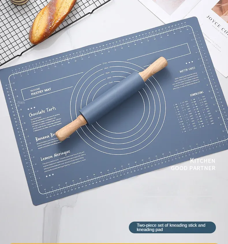 Rouleau à pâtisserie en silicone avec tapis de cuisson anti-adhésif - Idéal pour pâtes pizzas et biscuits