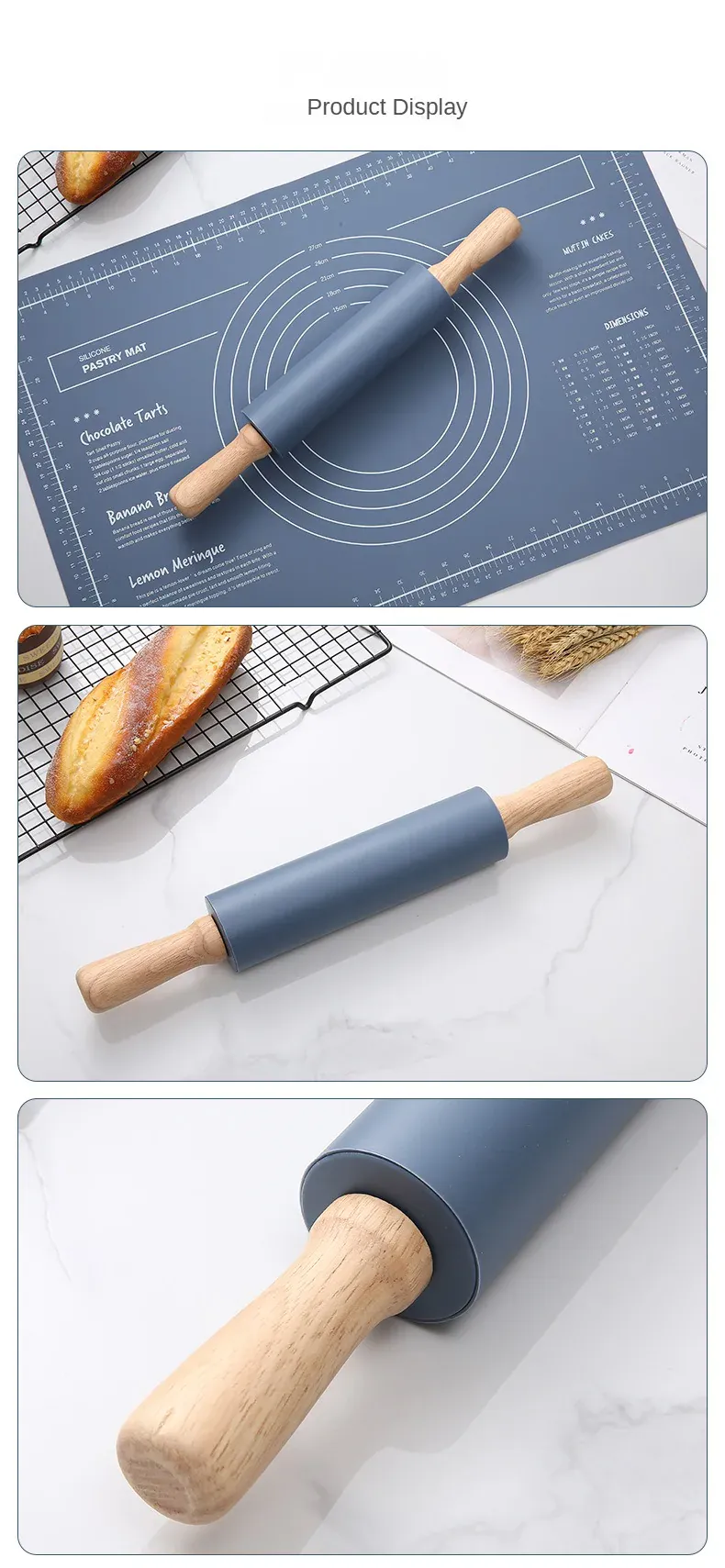 Rouleau à pâtisserie en silicone avec tapis de cuisson anti-adhésif - Idéal pour pâtes pizzas et biscuits