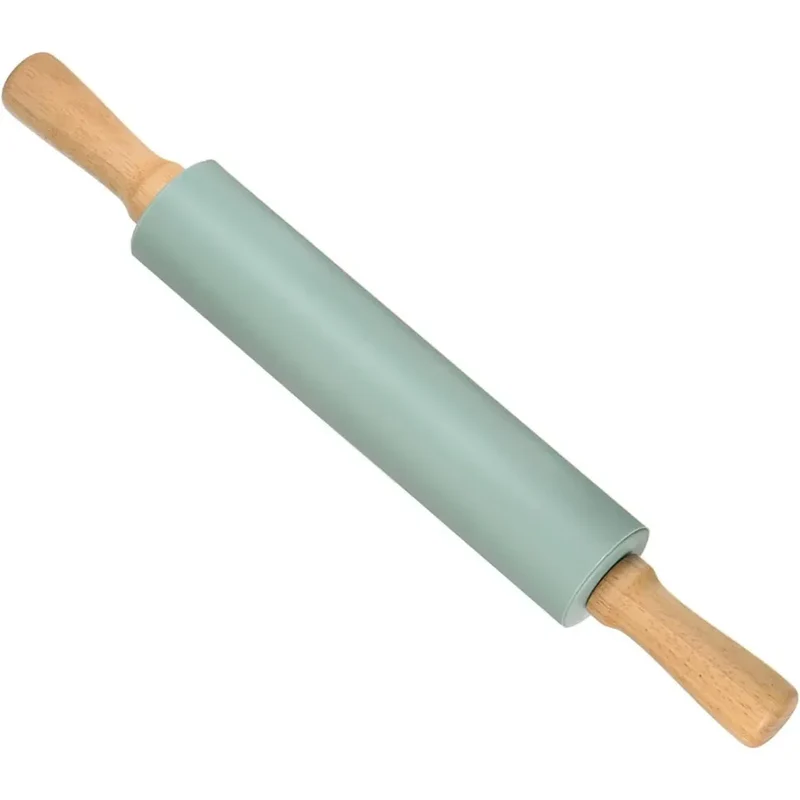 Rouleau à pâtisserie en silicone anti-adhésif avec poignées en bois
