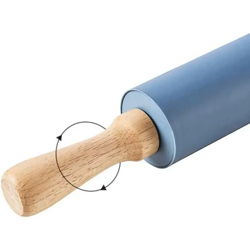 Rouleau à pâtisserie en silicone anti-adhésif avec poignées en bois