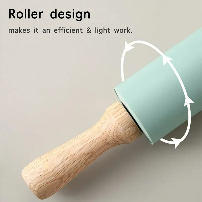 Rouleau à pâtisserie en silicone anti-adhésif avec poignées en bois