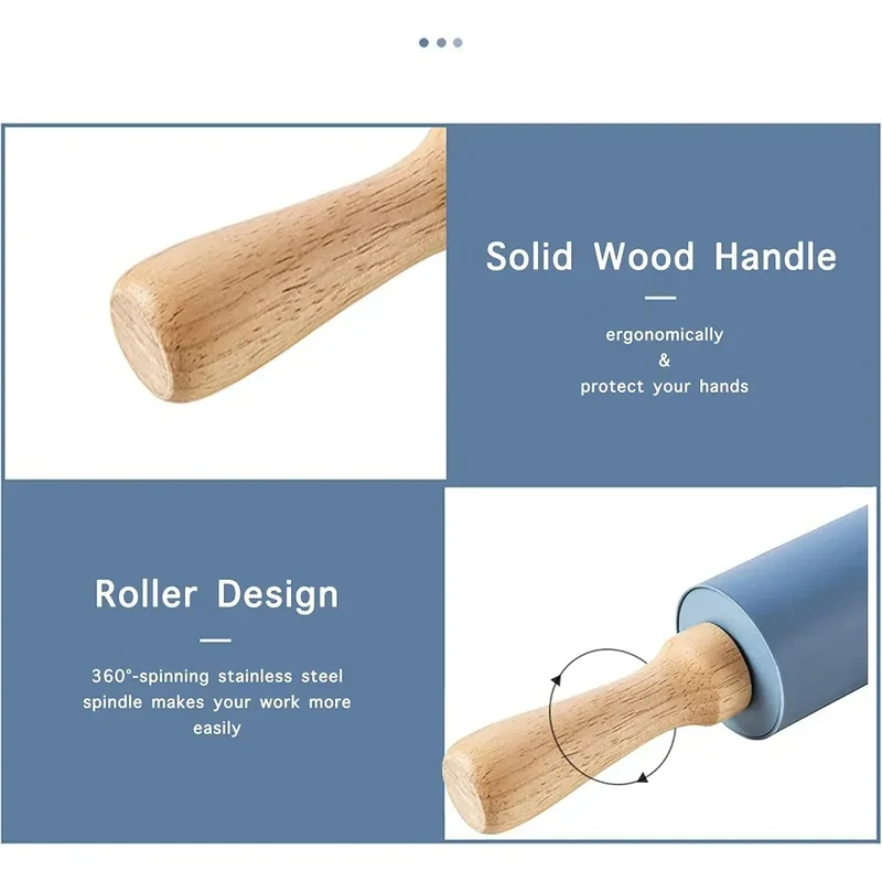 Rouleau à pâtisserie en silicone anti-adhésif avec poignées en bois