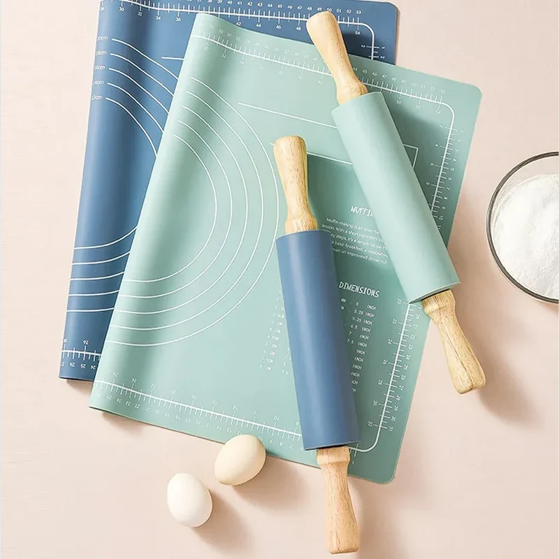 Rouleau à pâtisserie en silicone anti-adhésif avec poignées en bois