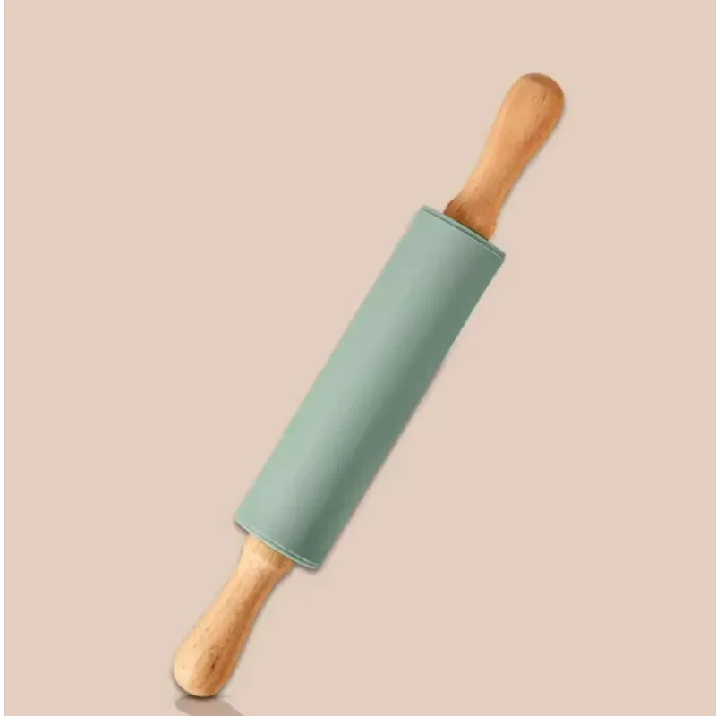 Rouleau à pâtisserie en silicone anti-adhésif avec poignées en bois