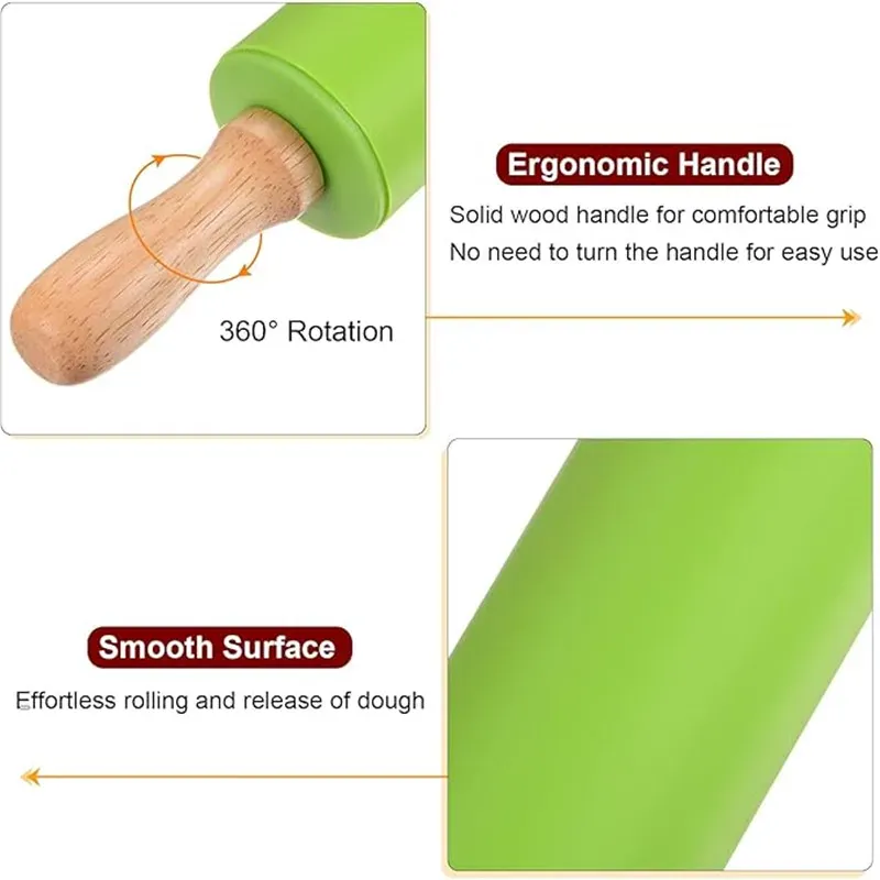 Rouleau à pâtisserie en silicone non-adhérent avec poignées en bois - Set de 14 pièces