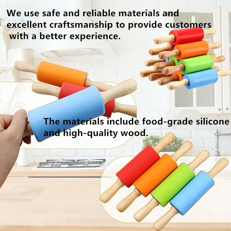 Rouleau à pâtisserie en silicone non-adhérent avec poignées en bois - Set de 14 pièces