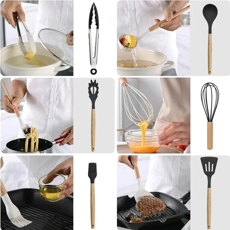 Ensemble d'ustensiles de cuisine en silicone 12 pièces, Antiadhésif Résistant à la chaleur - Outils de cuisine