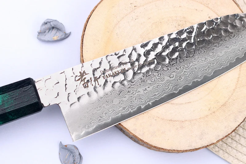 Couteau santoku japonais 17cm Sakai Takayuki Nanairo Green Damas VG10
