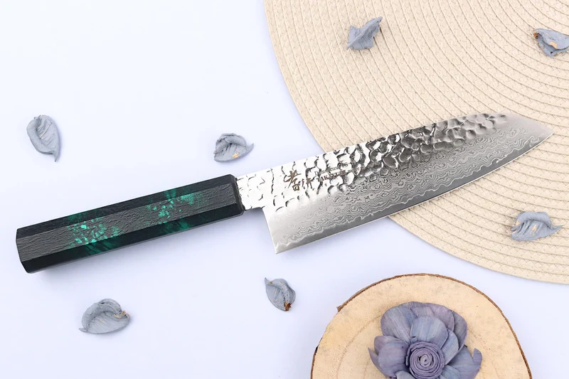 Couteau santoku japonais 17cm Sakai Takayuki Nanairo Green Damas VG10