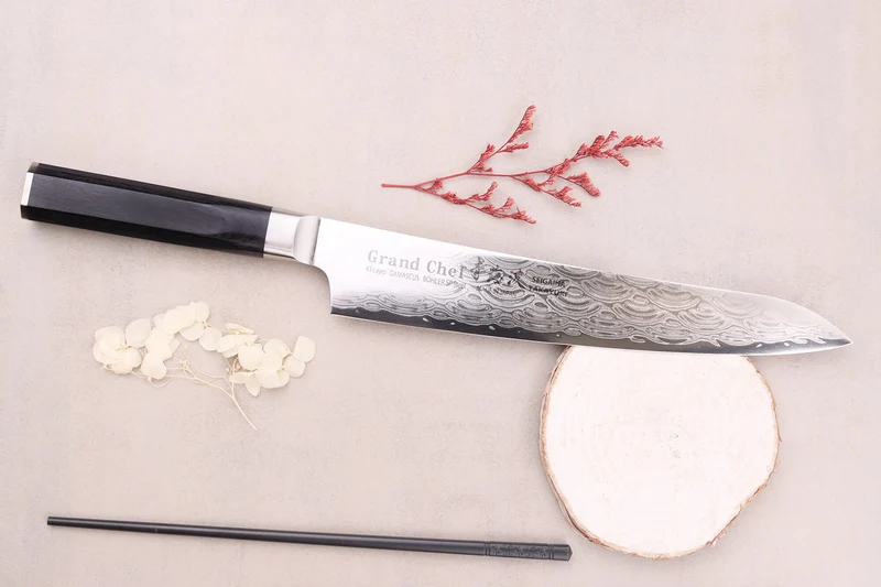 Couteau sujihiki 24cm japonais Sakai Takayuki Grand Chef Seigaiha Damas 45 couches