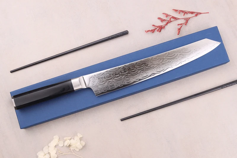Couteau kengata sujihiki 25cm japonais Sakai Takayuki Grand Chef Seigaiha Damas 45 couches