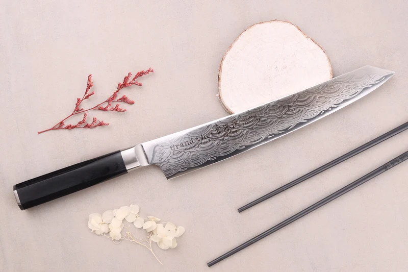 Couteau kengata sujihiki 25cm japonais Sakai Takayuki Grand Chef Seigaiha Damas 45 couches