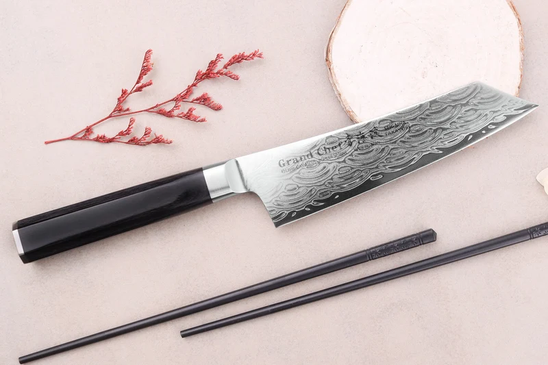 Couteau kengata santoku 16cm japonais Sakai Takayuki Grand Chef Seigaiha Damas 45 couches